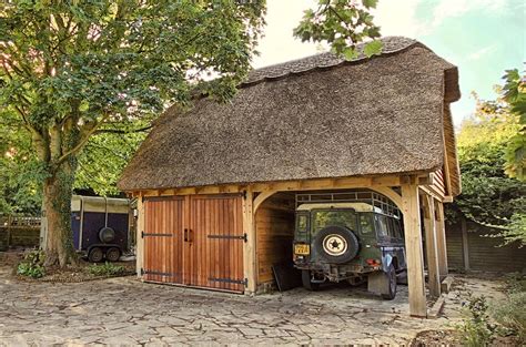 Thatched Oak Framed Garage Building With Open Carport And Guest