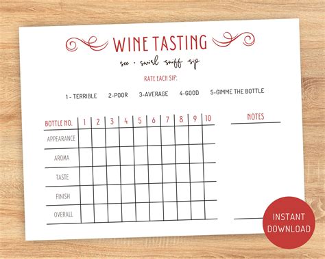 Wine Tasting Sheet Wine Tasting Scorecard Printable Wine Etsy