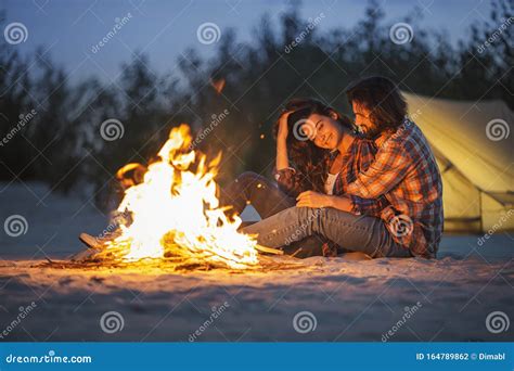 Couple Camping Near Campfire Stock Photo Image Of Female Concept