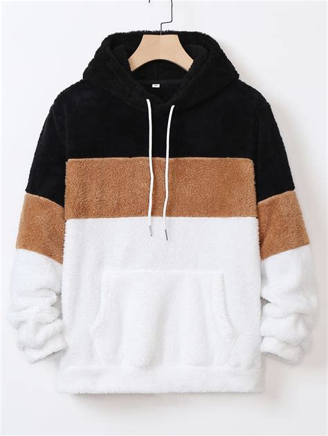 Men Color Block Kangaroo Pocket Drawstring Teddy Hoodie Hoodies