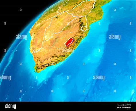 Orbit View Of Lesotho Highlighted In Red With Visible Borderlines On