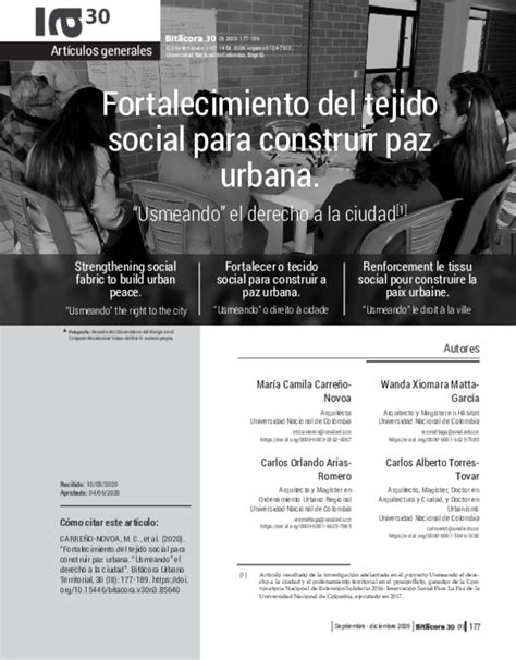 Pdf Fortalecimiento Del Tejido Social Para Construir Paz Urbana