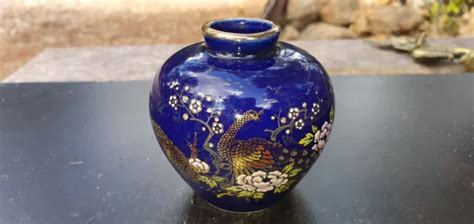 Ancien Vase Porcelaine De Chine Bleu Decor Paon Chinois Asie Asiatique