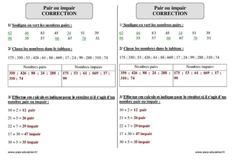 Pair Ou Impair Ce1 Exercices Corrigés Numération à Nombres Pairs