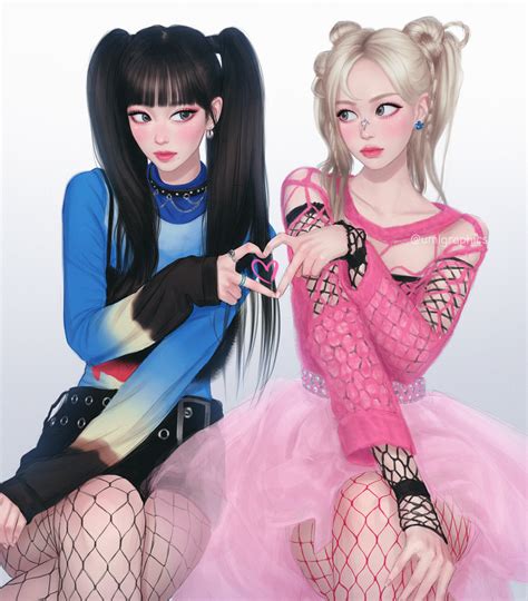 Umigraphics Karina Aespa Aespa Highres 2girls Black Hair Blonde Hair Collarbone