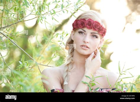 Blonde Wearing A Flower Crown Stock Photo Alamy