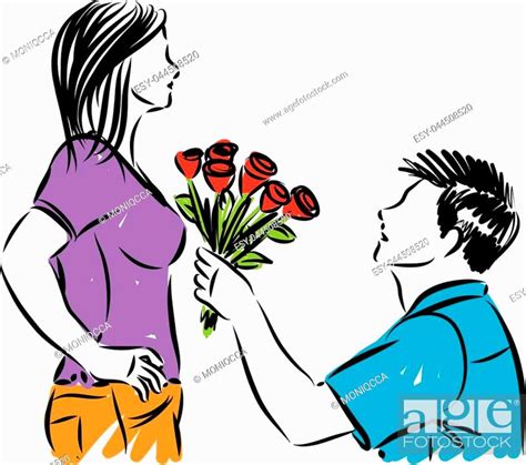 Man Giving Flowers To Woman Vector Illustration Stock Vector Vector