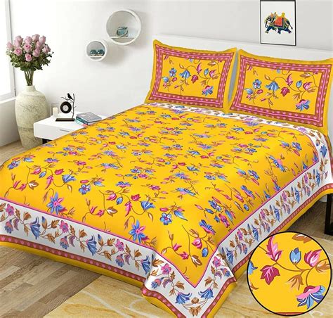 Yellow Cotton Floral Print Double Bedsheet With 2 Pillow Cover For