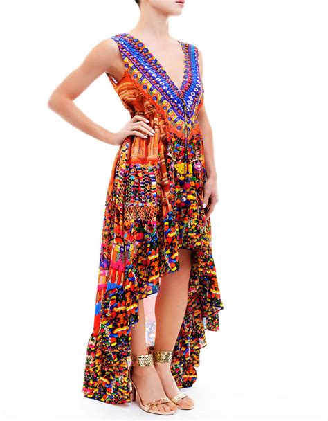 Shahida Parides V Neck Embellished Hi Low Dress In Heritage Swank