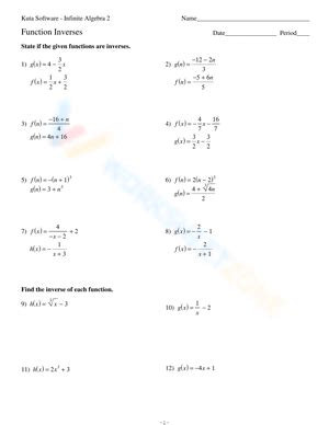 Inverse Functions Worksheets