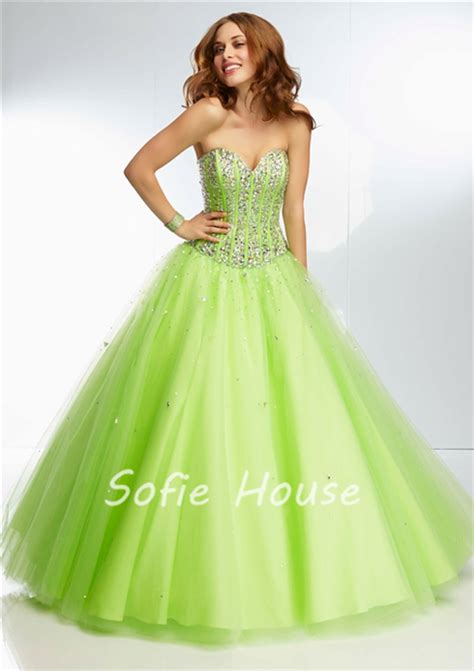 Newest Long Ball Gown Sweetheart Corset Crystal Beaded Lime Green Tulle