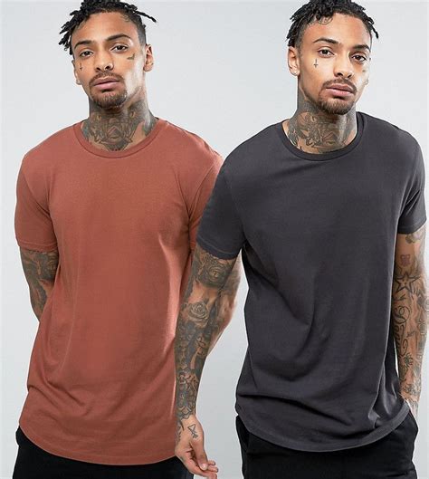 Asos 2 Pack Longline T Shirt With Curved Hem In Red Washed Black Save