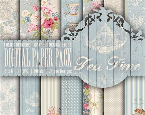 Tea Time Digital Paper Pack Tea Party Printable Paper Shabby Chic Paper