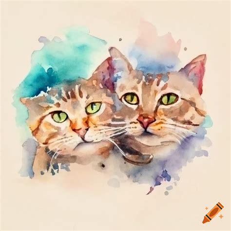 Watercolor Two Cats Expressive Close Up Cuddling Daylight