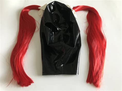 Custom Rubber Fetish Black Latex Mask Fetish Open Eyes Mouth Back Zipper Hood With Hair Pieces