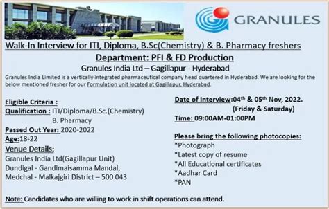 Granules India Walk In Drive For Iti Diploma B Sc B Pharmacy