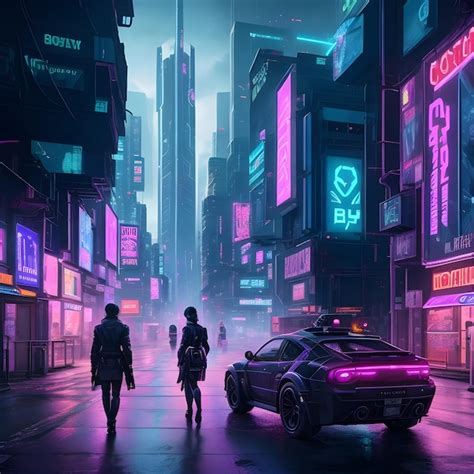 Premium Ai Image A Couple Walking Down A Street With Neon Signs Above