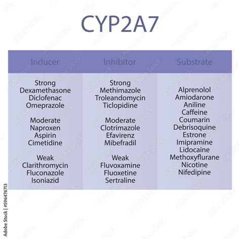 Grafika Wektorowa Stock Cytochrome Cyp A Table Of Strong Moderate