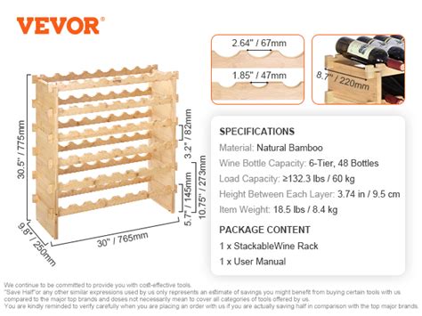 VEVOR Portabottiglie per Vino in Legno di Bambù Impilabile 6 Ripiani
