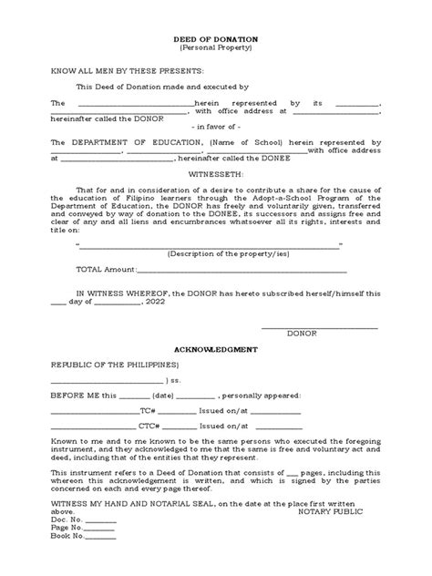 Deed Of Donation And Acceptance Template Personal Property Pdf Deed