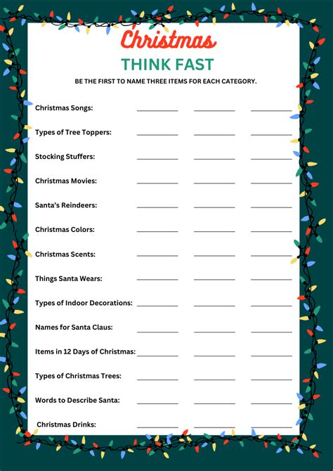 Free Printable Christmas Think Fast Game