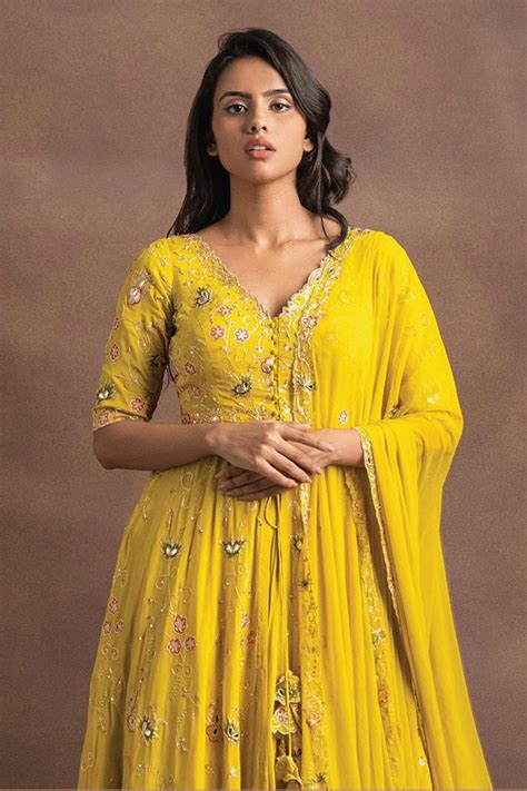 Buy Yellow Kasturi Crepe V Neck Embroidered Kurta Lehenga Set For Women