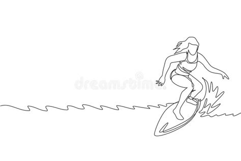 One Single Line Drawing Young Sporty Surfer Woman With Bikini Riding On Big Waves In Surfing