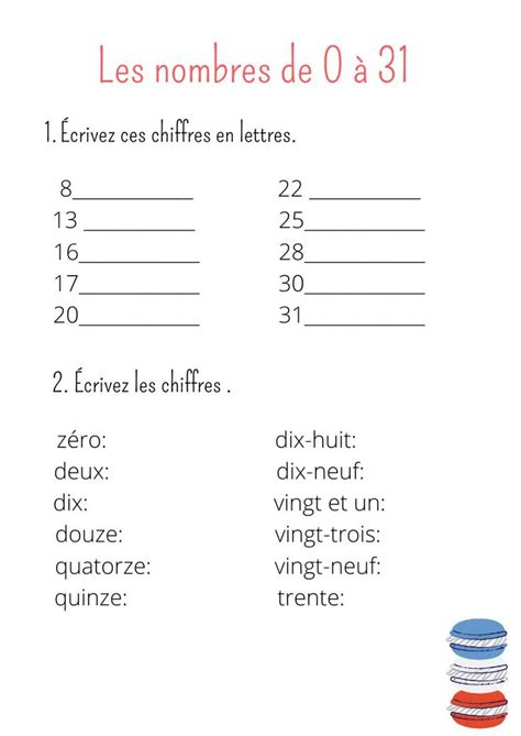 Les nombres en français de 0 à 31 worksheet French lessons for