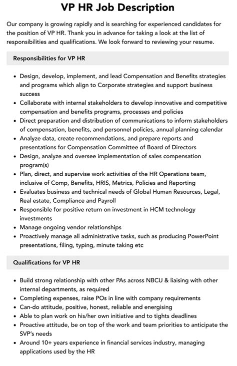 Vp Hr Job Description Velvet Jobs