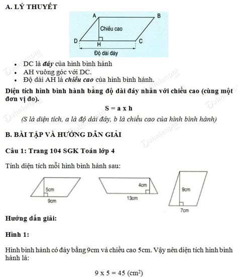 Tính Diện Tích Hình Bình Hành Toán Lớp 4 Hướng Dẫn Chi Tiết Và Dễ Hiểu