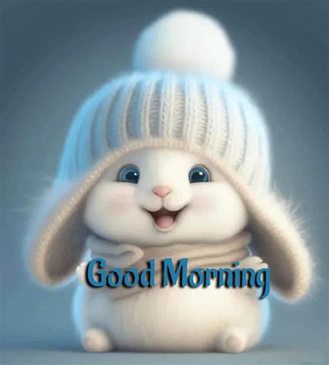 A White Bunny Wearing A Blue Hat And Scarf With The Words Good Morning