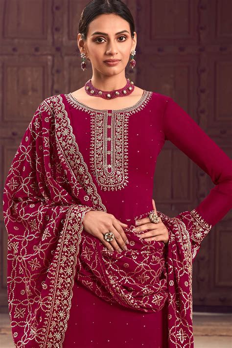 Embroidered Faux Georgette Pakistani Suit In Maroon Ucchal Fashion