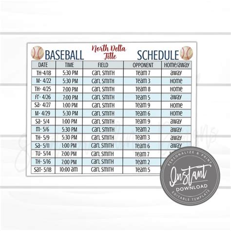 Editable Baseball Schedule Template