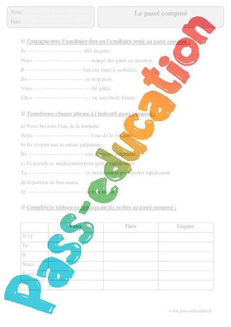 Passé composé Cm2 Exercices corrigés Conjugaison Français