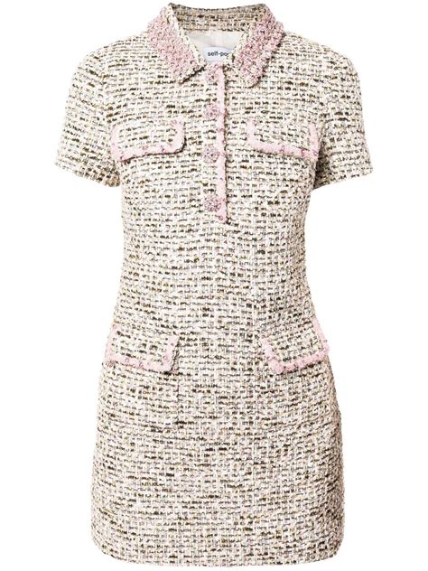 Self Portrait Crystal Bead Embellished Metallic Bouclé Tweed Mini Dress