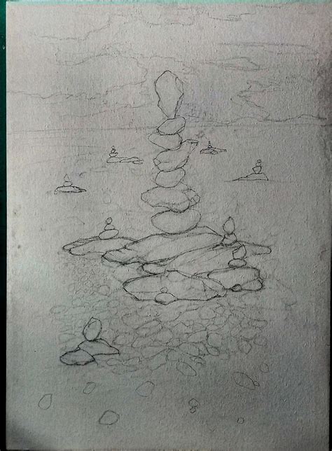 Sketchy Abstract Pencil Drawing Of Rocks In Water