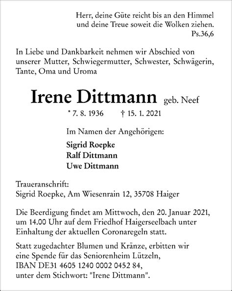 Traueranzeigen Von Irene Dittmann Vrm Trauer De