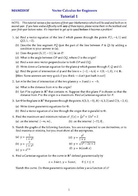 Tut01 2024 Tut 1 Mam2083f Vector Calculus For Engineers Tutorial 1 Note This Tutorial