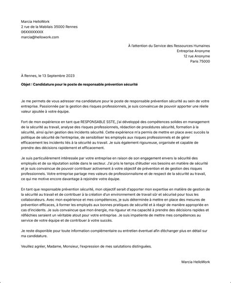 Exemple Lettre de Motivation Responsable prévention sécurité Hellowork