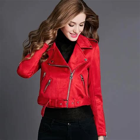 Ftlzz New Faux Suede Women Motorcycle Jacket Coats Slim Biker Jacket Faux Leather Jacket Red