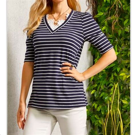 Suzanne Betro Tops Navy White Stripe Lacetrim Puffsleeve Vneck