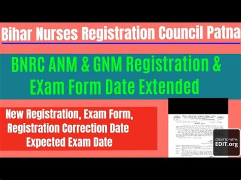 BNRC Bihar ANM GNM Registration Exam Form Registration Date