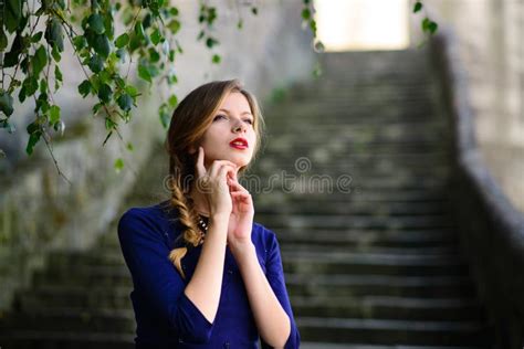 Girl Posing In Blue Dress Standing On Stone Stairs Stock Image Image