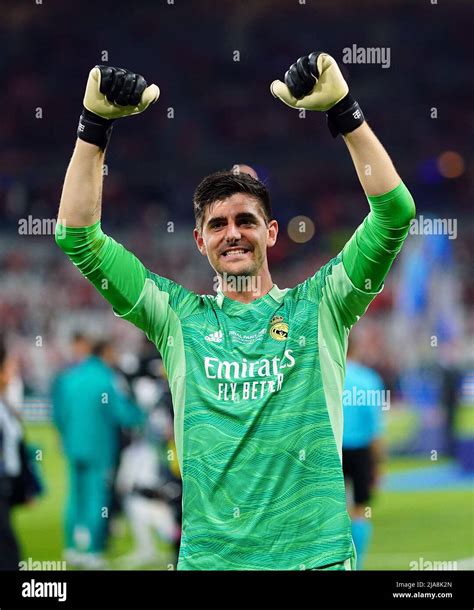 Real Madrid Goalkeeper Thibaut Courtois Celebrates Winning The Uefa