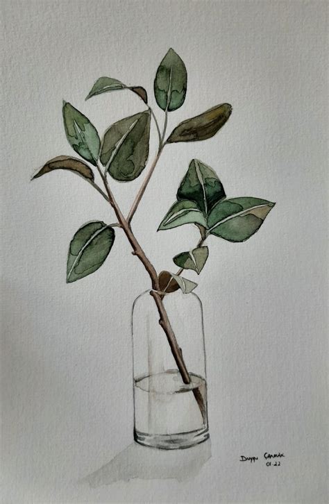 A Painting Of A Plant In A Glass Vase With Water And Green Leaves On