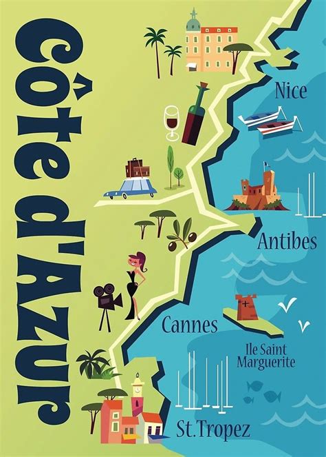 cote dazur illustrated map poster  gary godel