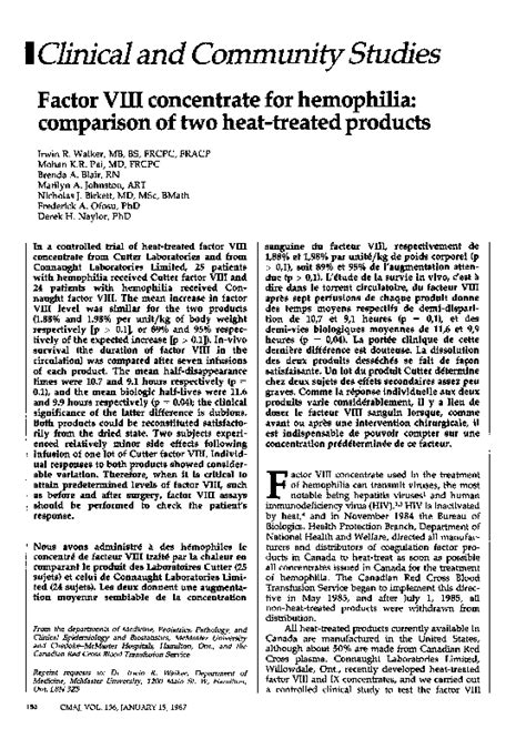 (PDF) Factor VIII concentrate for hemophilia: comparison of two heat ...