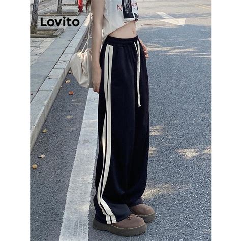 Lovito Women Casual Plain Drawstring Side Stripe Pants Lna