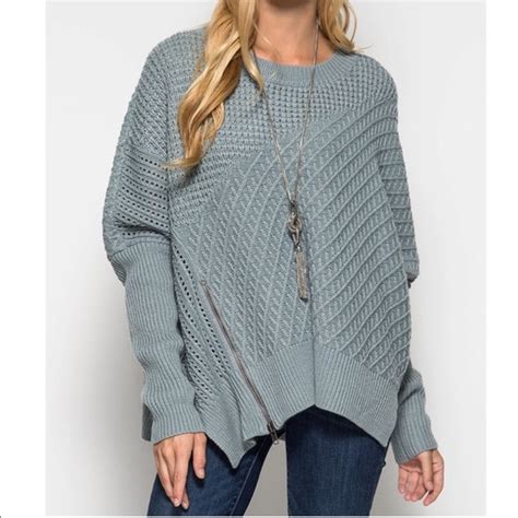 She And Sky Sweaters Grey Oversized Sweater With Front Zipper