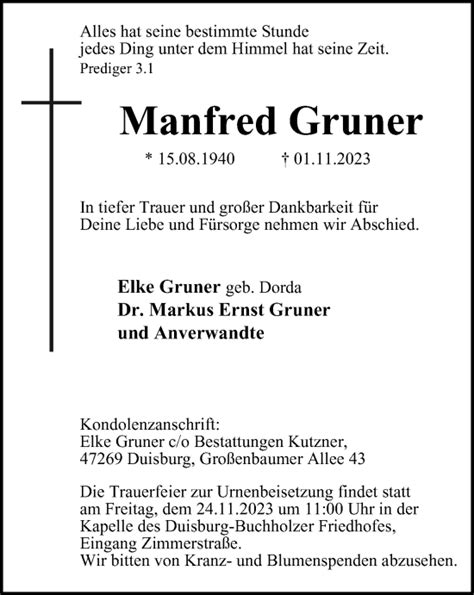 Traueranzeigen Von Manfred Gruner Trauer In NRW De